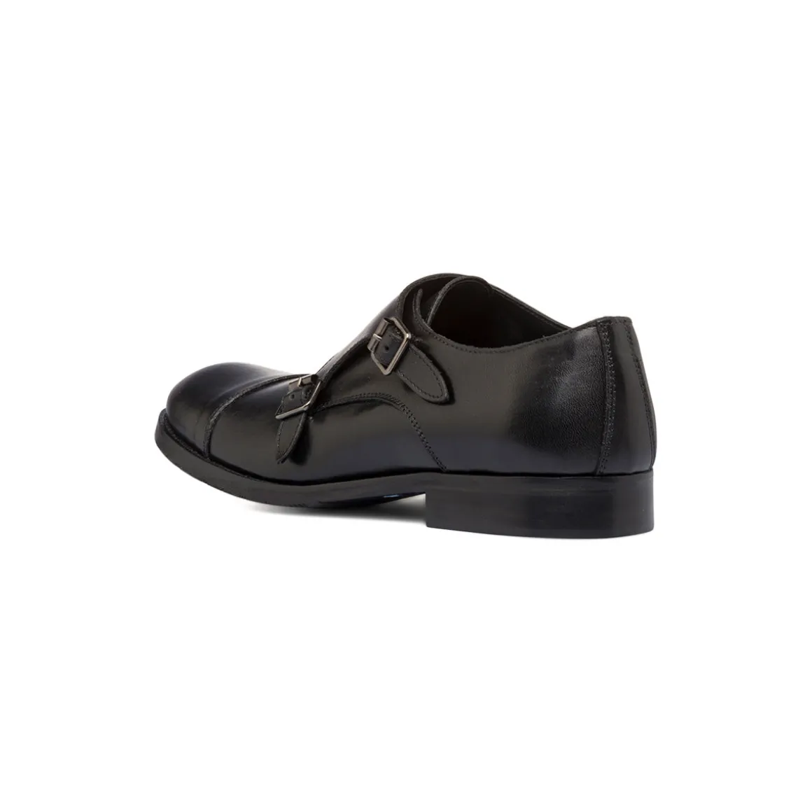 Scarpe monk-strap nere eleganti in pelle con chiusura a doppia fibbia da uomo Primopiano