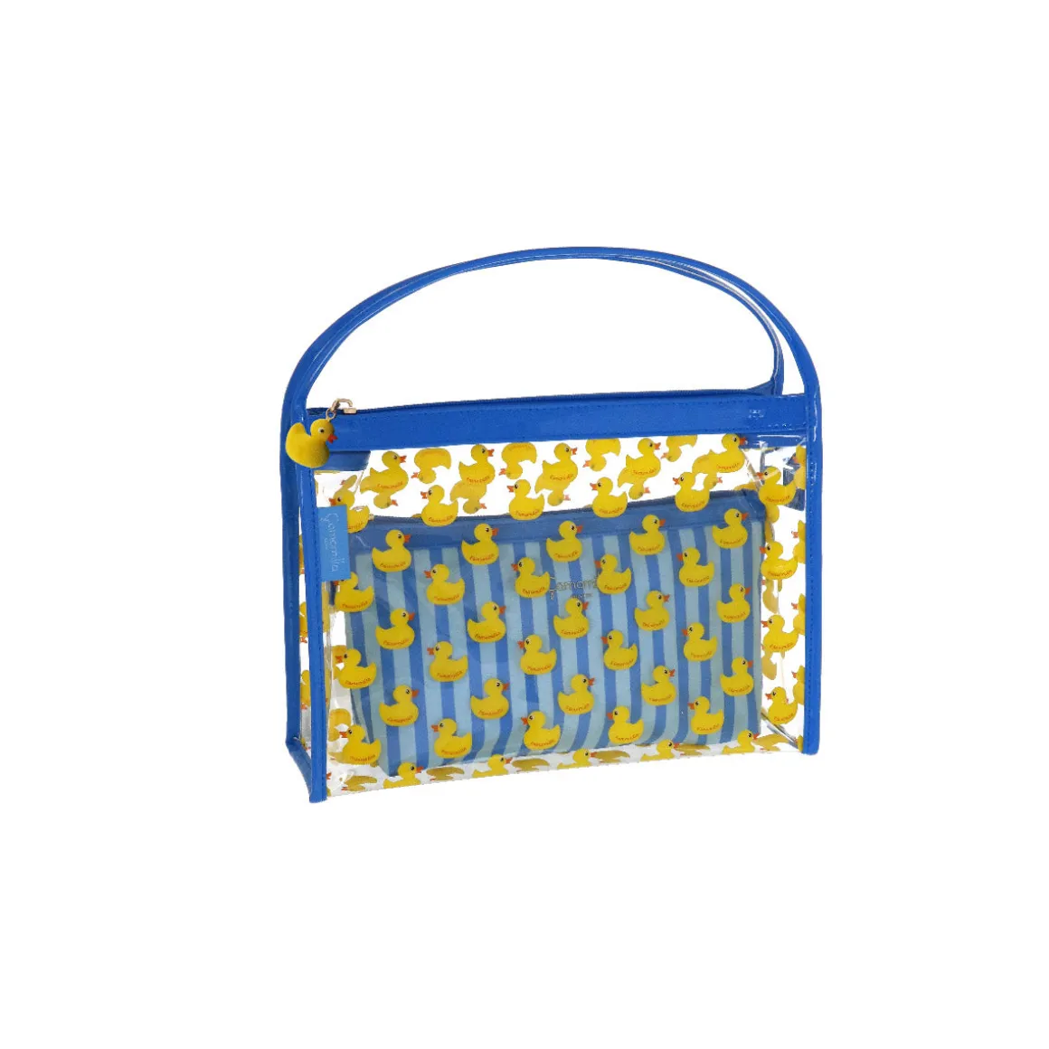 Set beauty case trasparente con stampa anatroccoli blu da Donna Camomilla Milano
