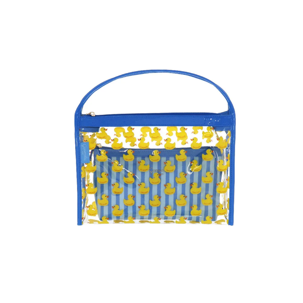 Set beauty case trasparente con stampa anatroccoli blu da Donna Camomilla Milano