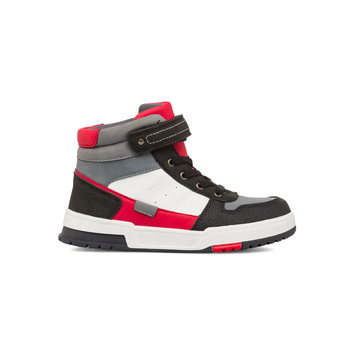 Sneakers alte bianche da ragazzo con dettagli grigio neri e rossi Birilli&Monelli