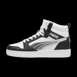 Sneakers alte da donna bianche e nere con dettaglio argento e logo Puma Rebound V6 Metallic Dream