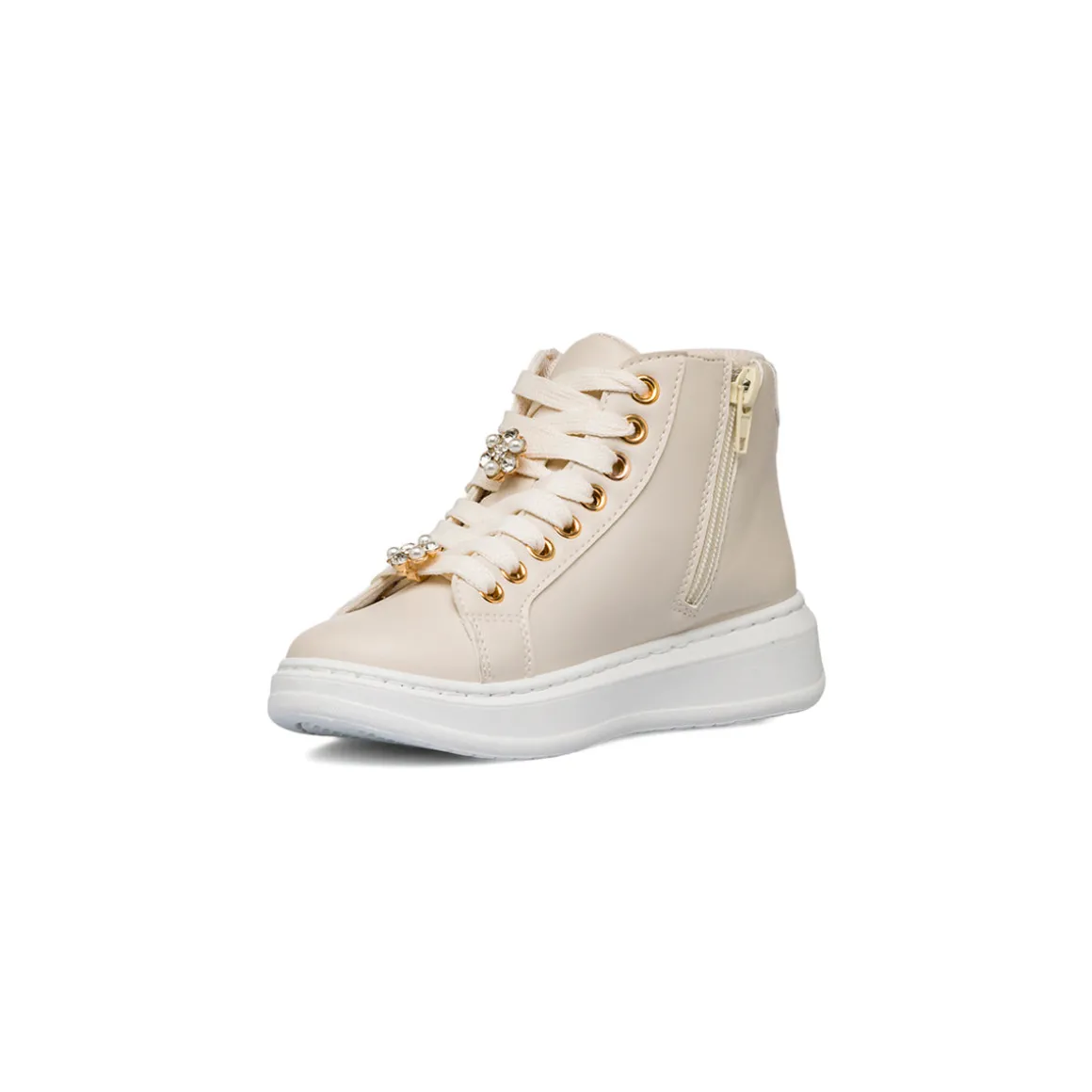 Sneakers alte da ragazza beige con dettagli glitter e fiori in metallo Dieci Baci