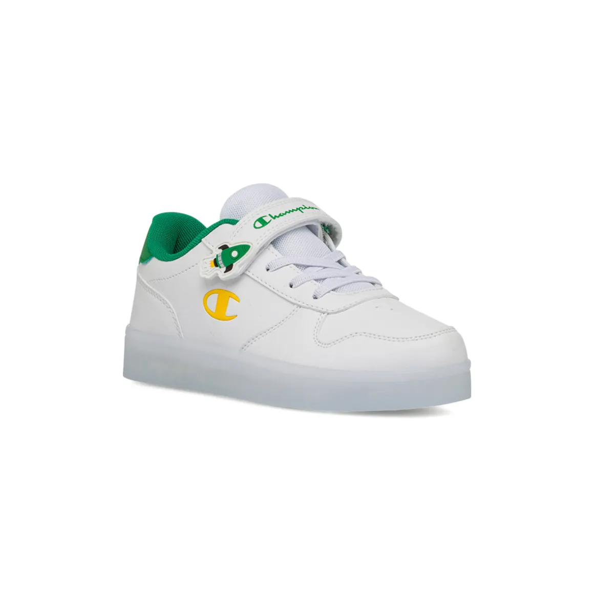 Sneakers bianche da bambino con luci nella suola e dettagli verdi e gialli Champion