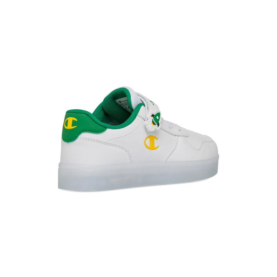 Sneakers bianche da bambino con luci nella suola e dettagli verdi e gialli Champion