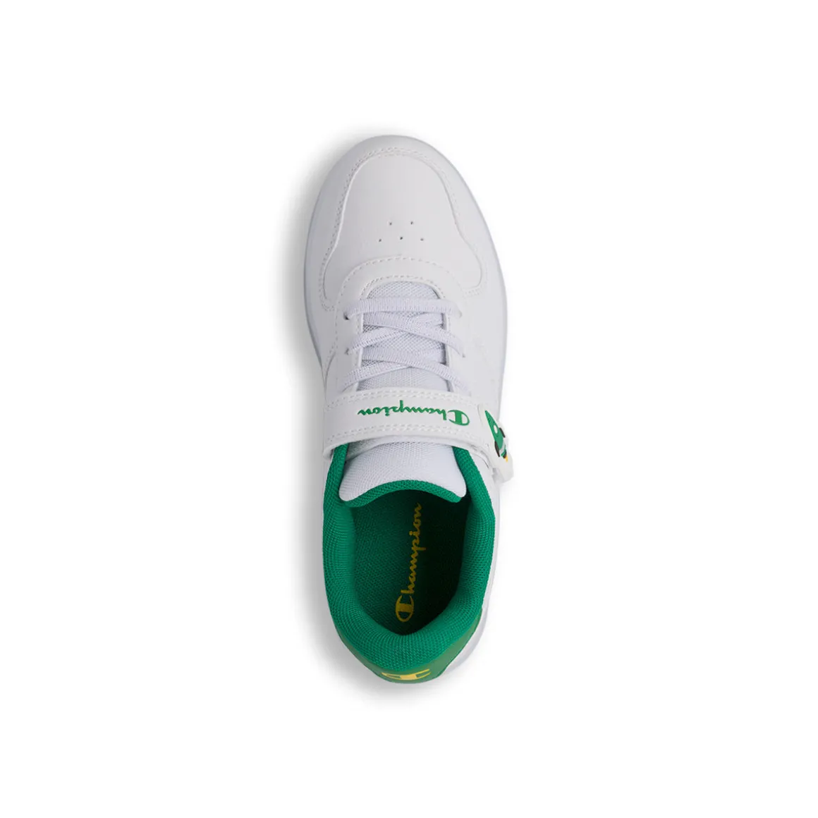 Sneakers bianche da bambino con luci nella suola e dettagli verdi e gialli Champion