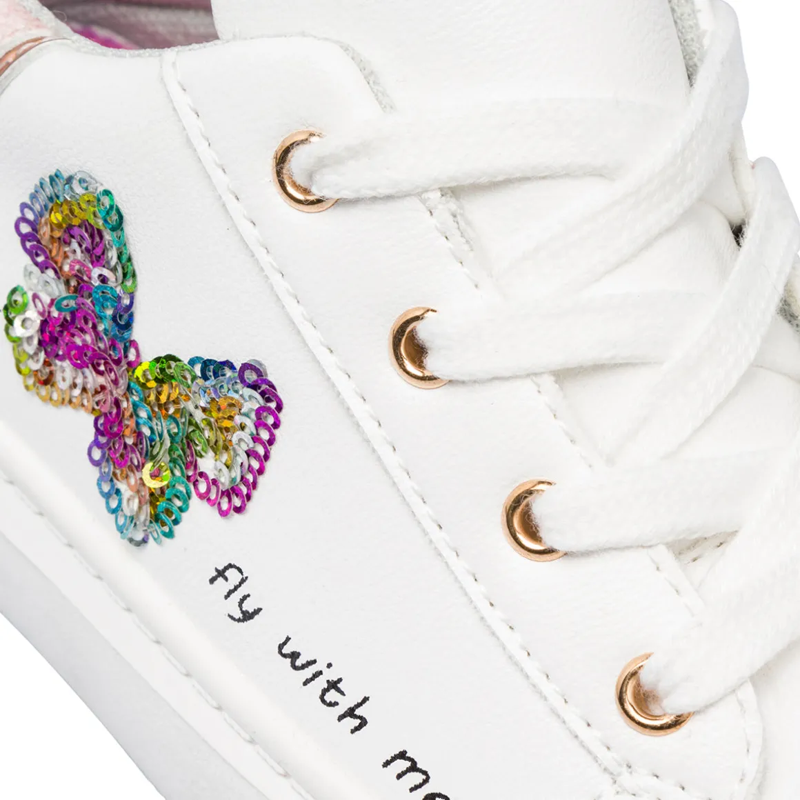 Sneakers bianche da bambina con dettagli glitter e farfalla con paillettes Le scarpe di Alice