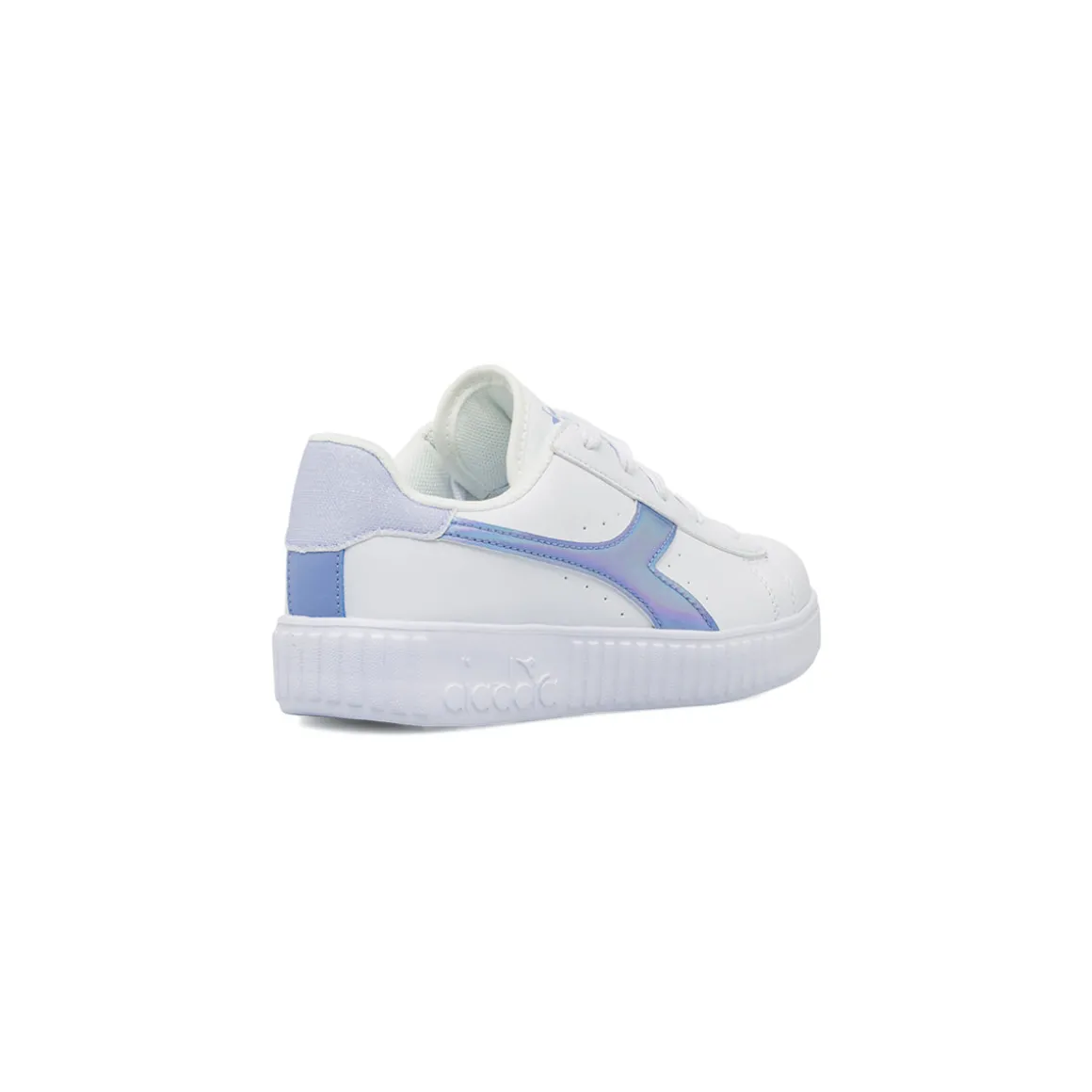 Sneakers bianche da bambina con logo azzurro iridescente Diadora