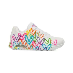 Sneakers bianche da Donna in memory foam Skechers Uno con cuori multicolore