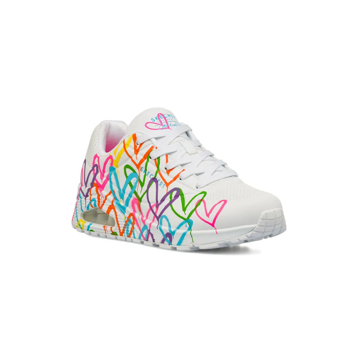 Sneakers bianche da Donna in memory foam Skechers Uno con cuori multicolore