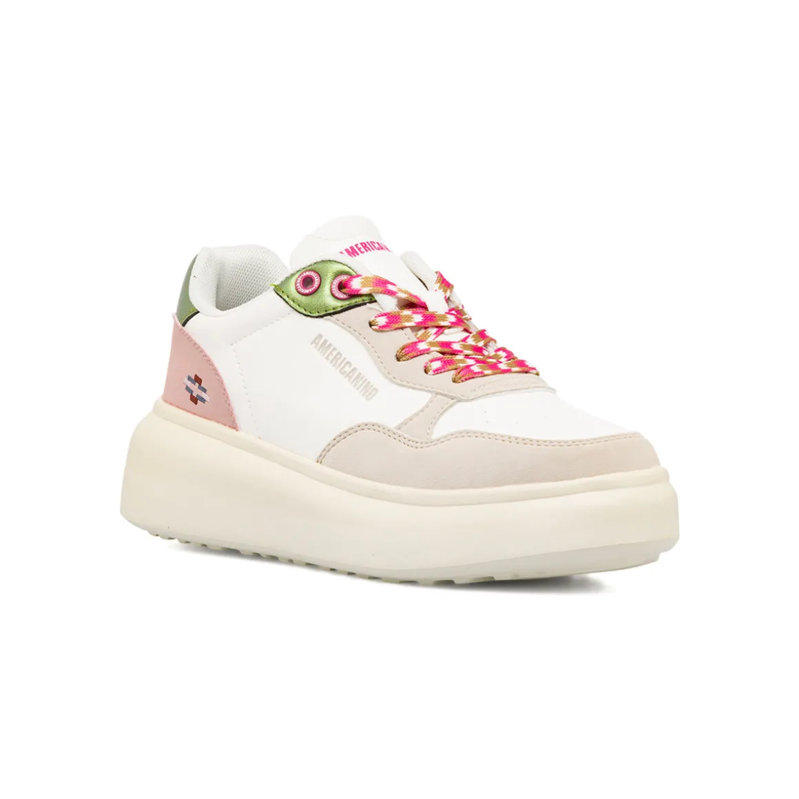 Sneakers bianche da donna con inserti beige e verde metallizzato Americanino