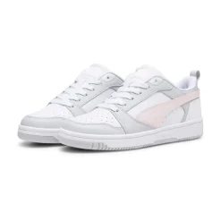 Sneakers bianche da ragazza con dettagli grigi e rosa e logo Puma Rebound V6