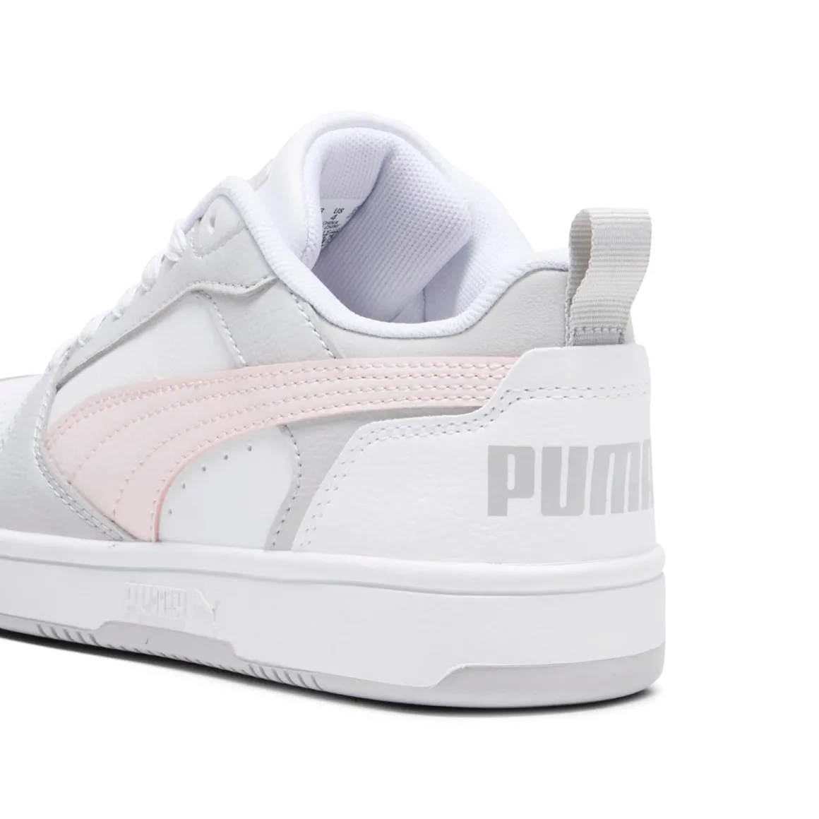 Sneakers bianche da ragazza con dettagli grigi e rosa e logo Puma Rebound V6