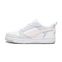 Sneakers bianche da ragazza con dettagli grigi e rosa e logo Puma Rebound V6