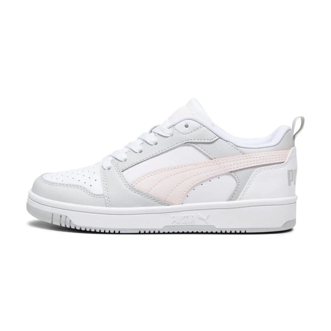 Sneakers bianche da ragazza con dettagli grigi e rosa e logo Puma Rebound V6