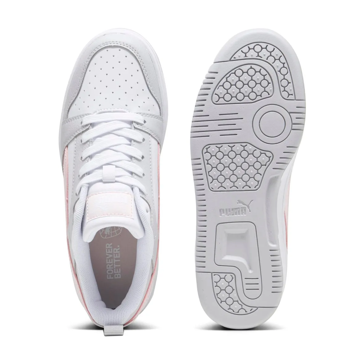 Sneakers bianche da ragazza con dettagli grigi e rosa e logo Puma Rebound V6