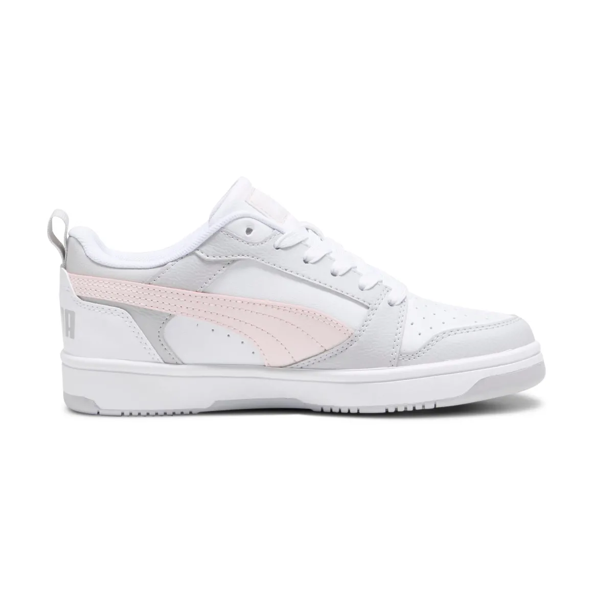 Sneakers bianche da ragazza con dettagli grigi e rosa e logo Puma Rebound V6