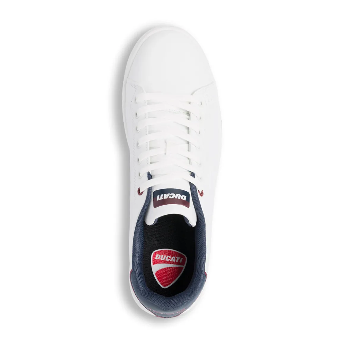 Sneakers bianche da uomo con dettagli blu e logo Ducati Slick