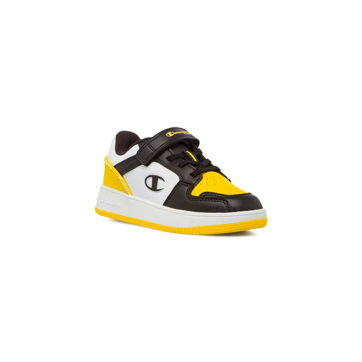 Sneakers bicolore bianco e nero con inserti gialli da Bambino Champion