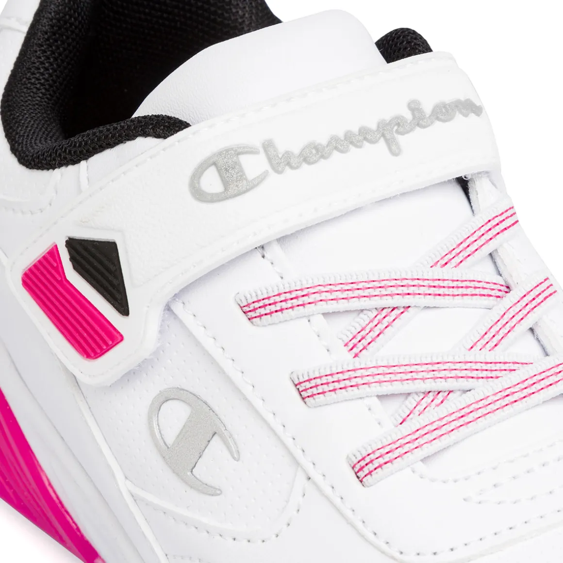 Sneakers da ragazza bianche con dettagli rosa e neri e luci nella suola Champion Wave