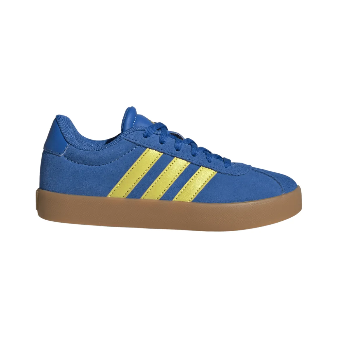 Sneakers da ragazzo e ragazza in pelle effetto scamosciato blu e gialle adidas VL Court 2.0