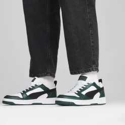 Sneakers da uomo bianche nere e verde scuro con logo Puma Rebound V6