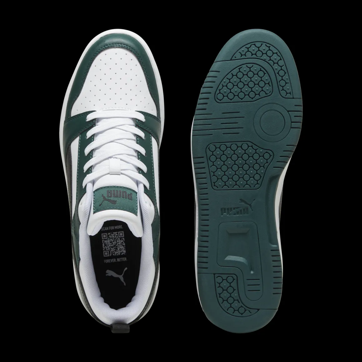 Sneakers da uomo bianche nere e verde scuro con logo Puma Rebound V6