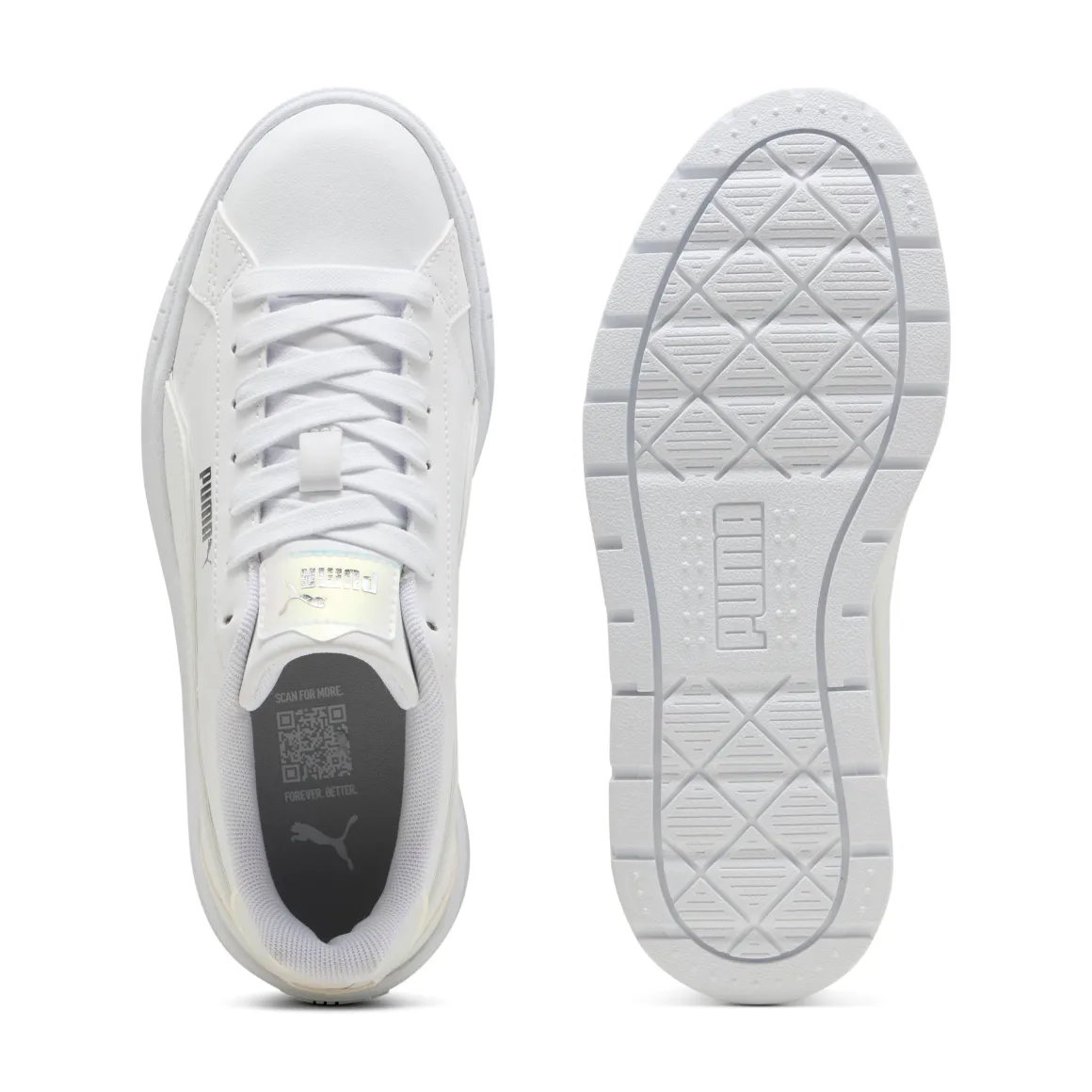 Sneakers platform bianche da ragazza con dettaglio effetto iridescente Puma Karmen II Holo 2.0