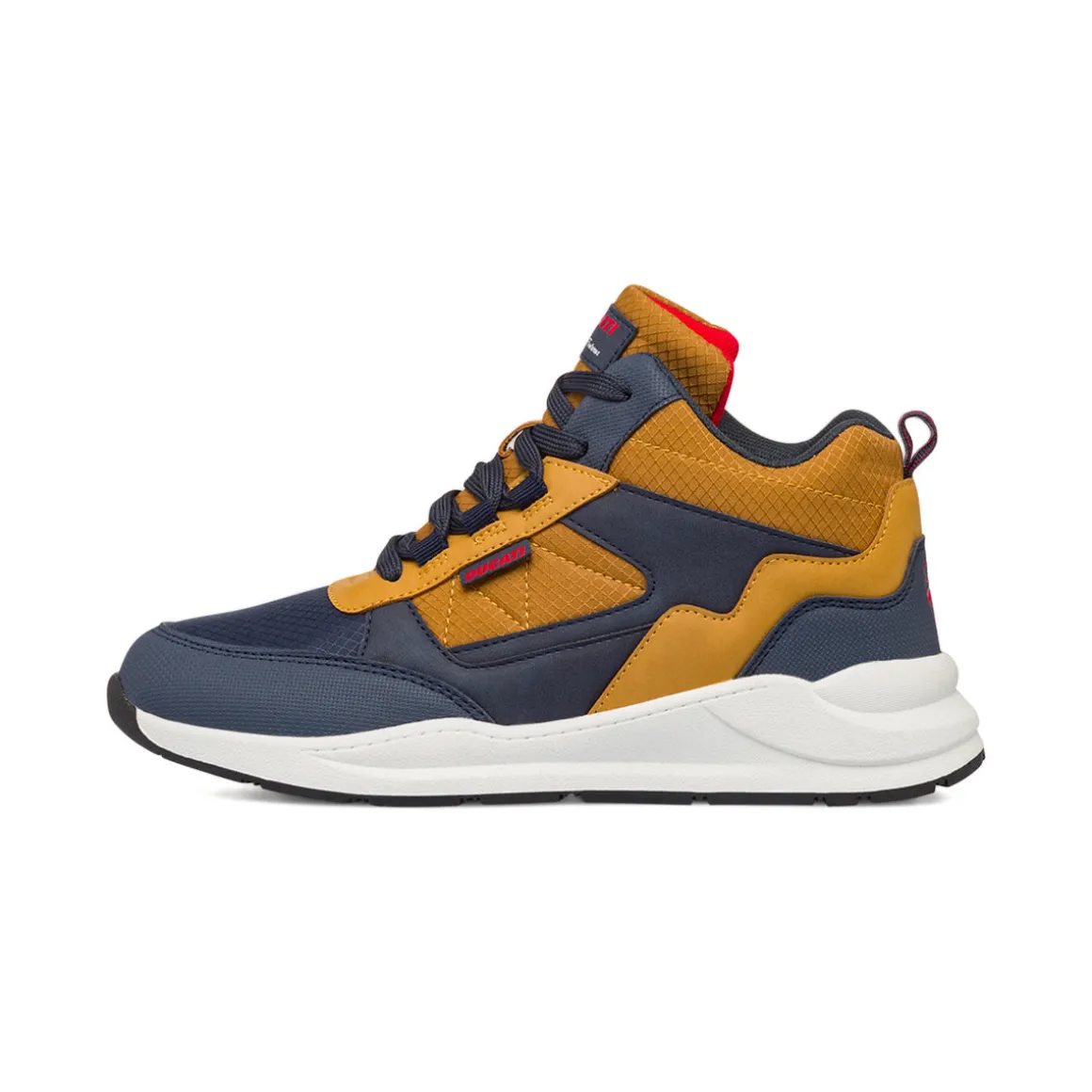 Sneakers ragazzo blu con dettagli ocra e logo Ducati