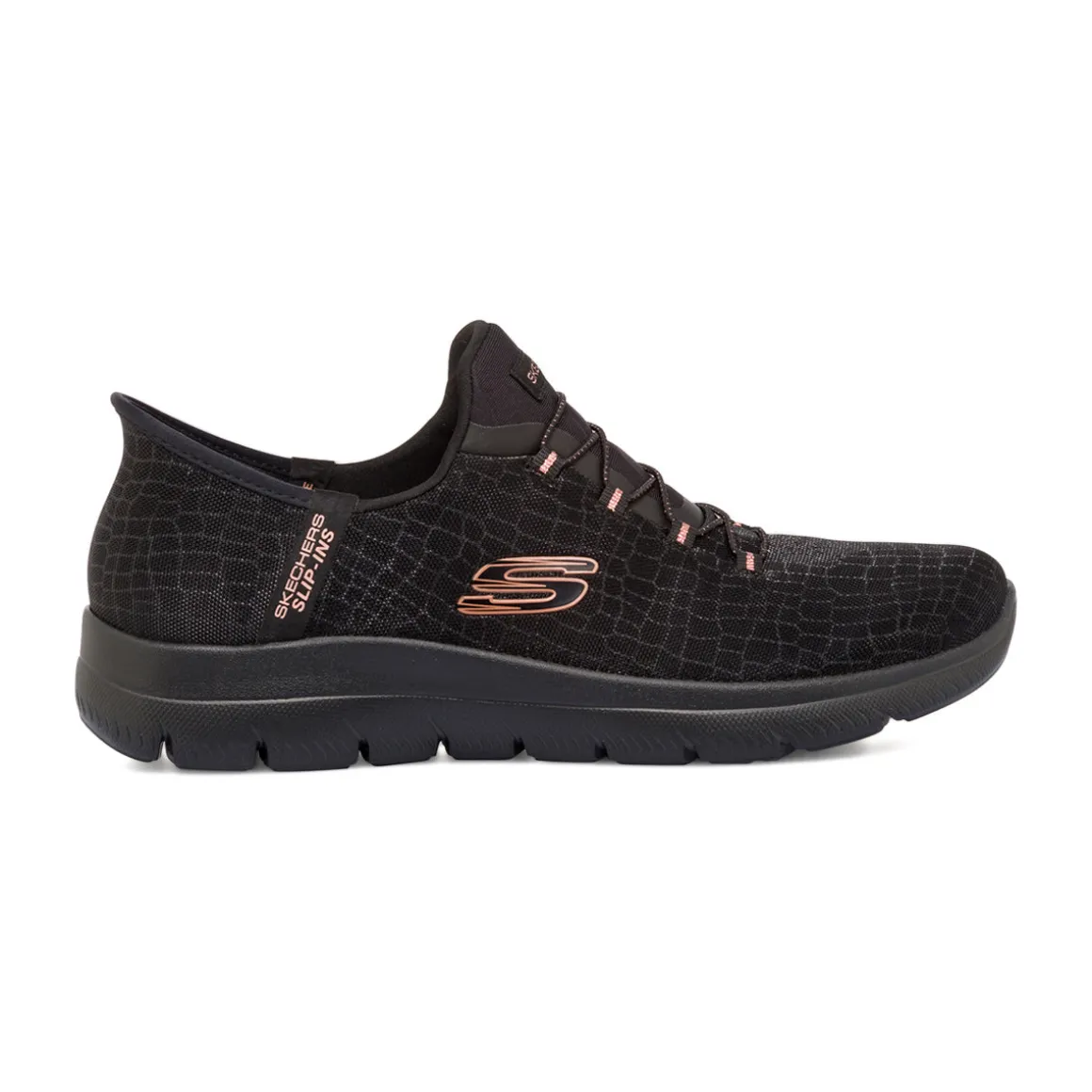 Sneakers slip-on nere da donna con inserti rosa Skechers Summits