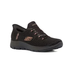 Sneakers slip-on nere da donna con inserti rosa Skechers Summits