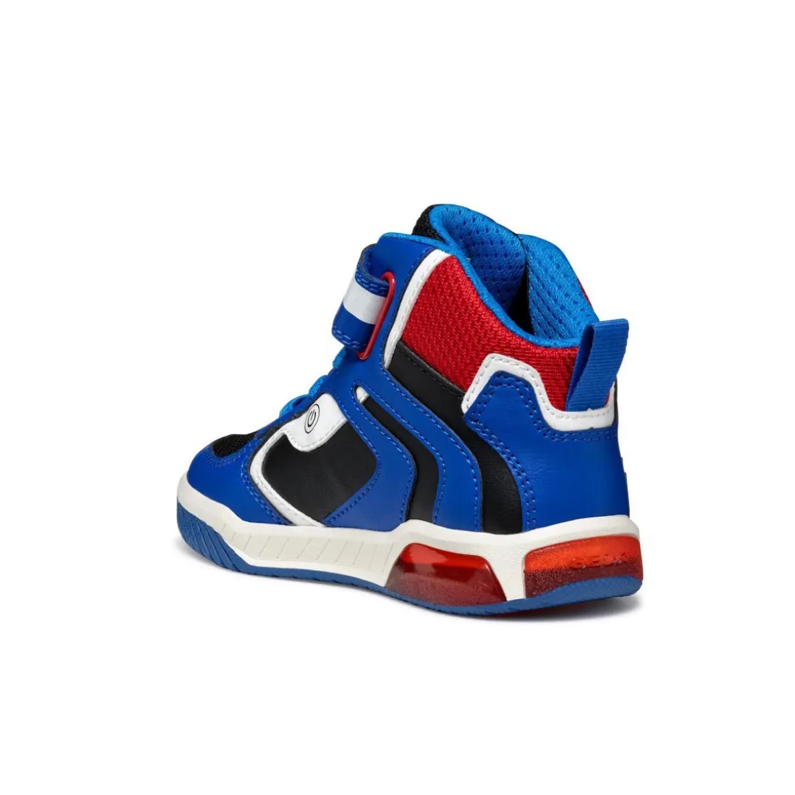 Sneakers traspiranti alte da Bambino blu con dinosauri e luci Geox