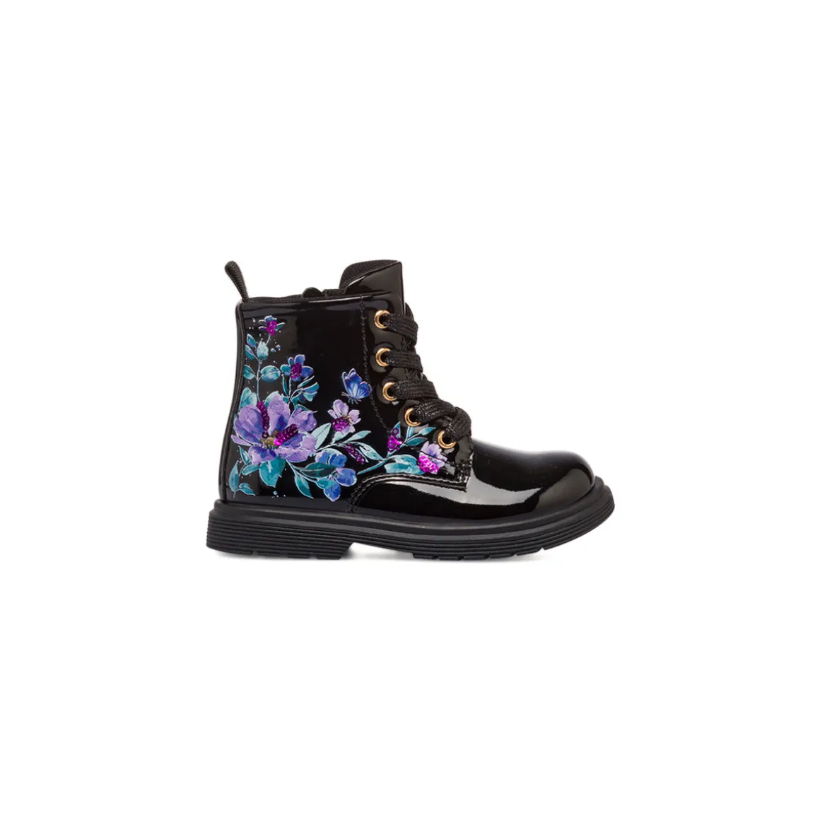 Stivaletti bambina neri effetto vernice con dettagli fiori Le Scarpe di Alice