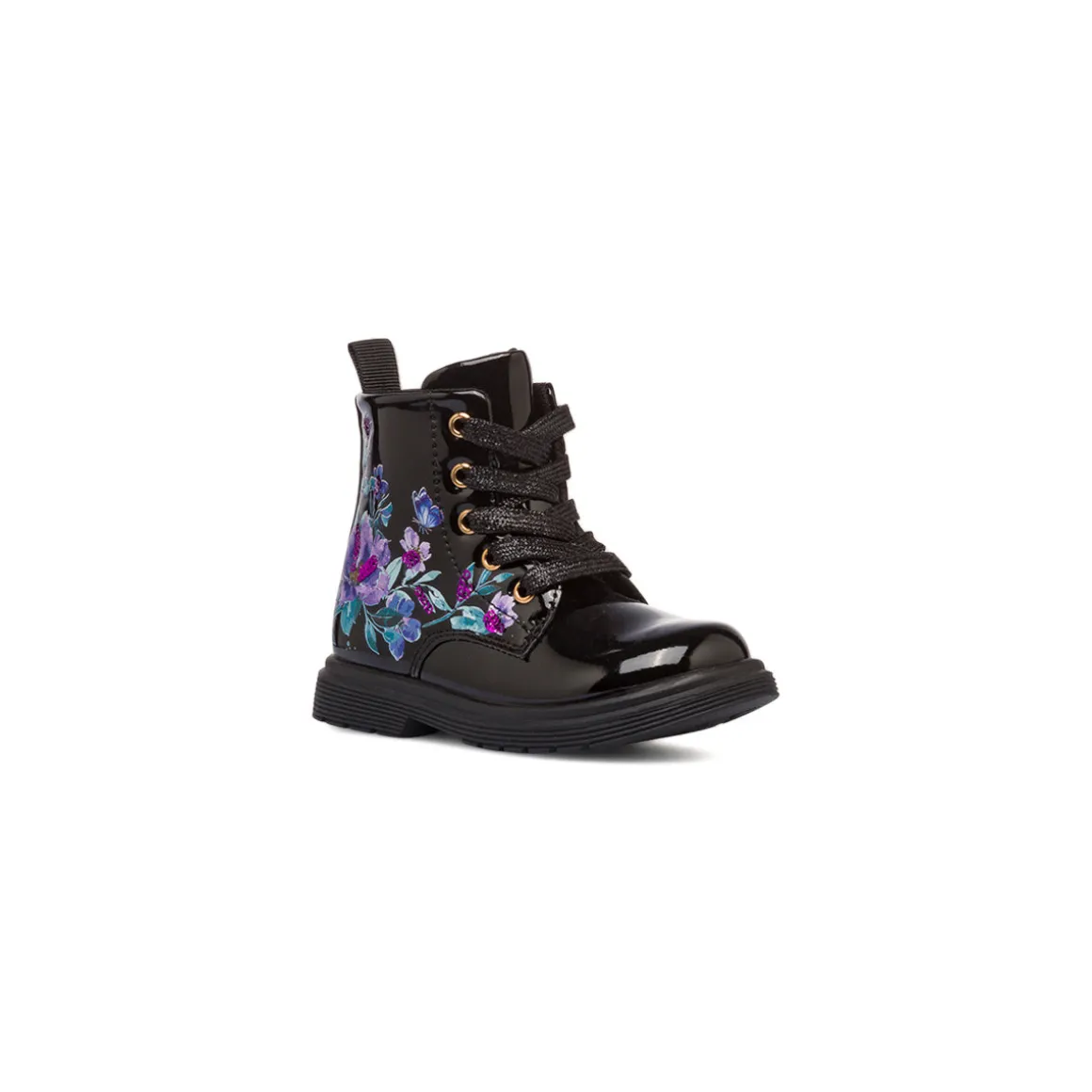 Stivaletti bambina neri effetto vernice con dettagli fiori Le Scarpe di Alice