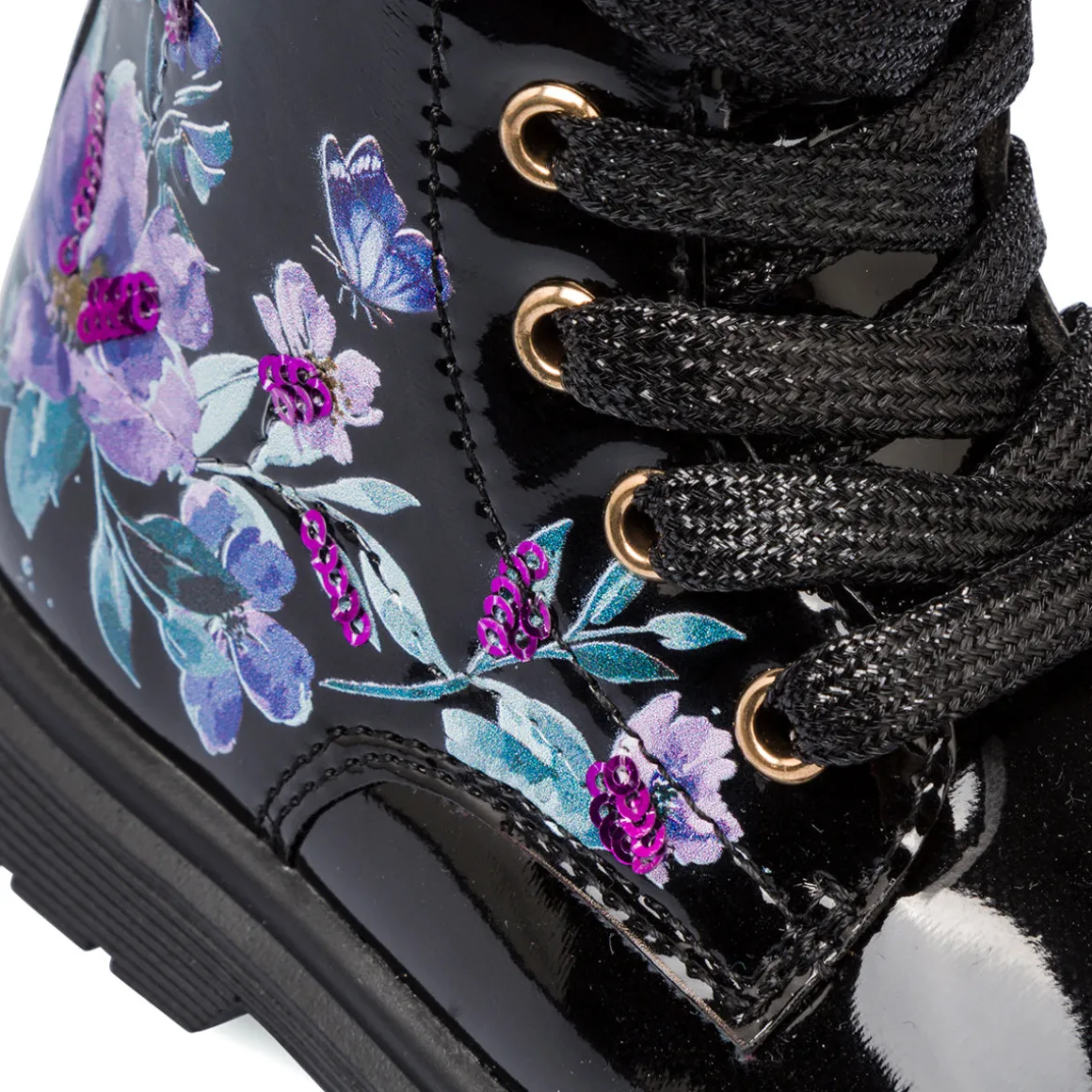 Stivaletti bambina neri effetto vernice con dettagli fiori Le Scarpe di Alice