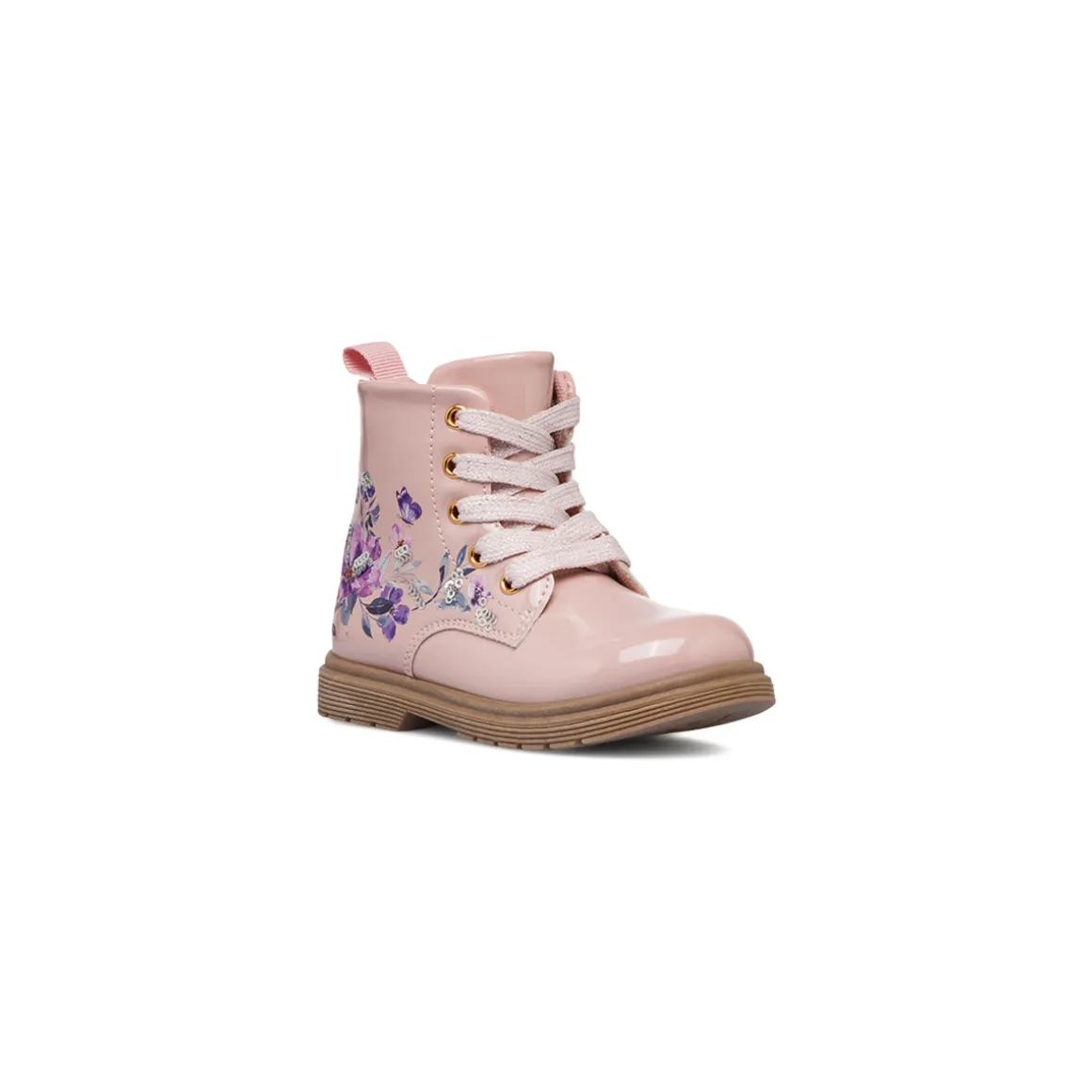 Stivaletti bambina rosa effetto vernice con dettagli fiori Le Scarpe di Alice