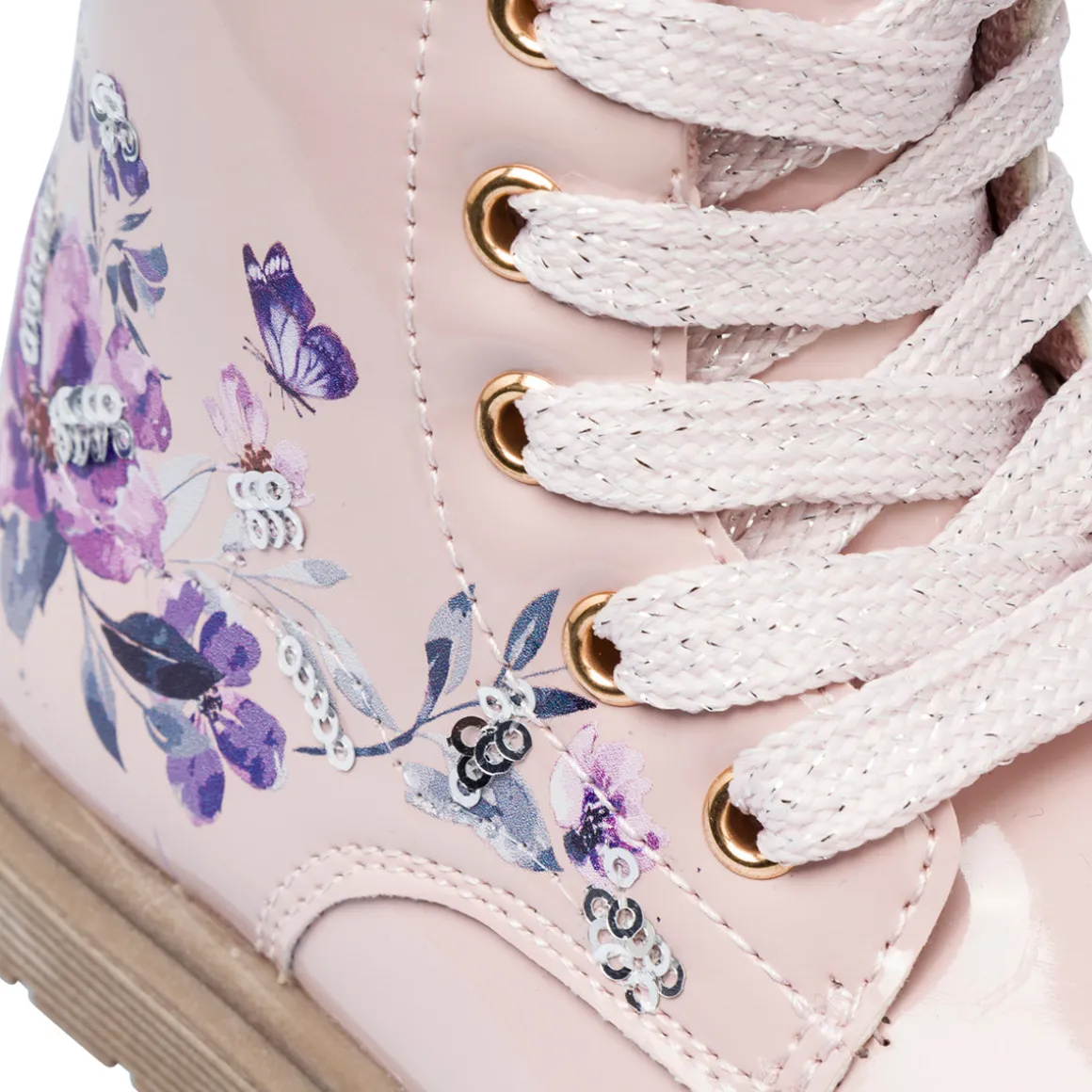 Stivaletti bambina rosa effetto vernice con dettagli fiori Le Scarpe di Alice