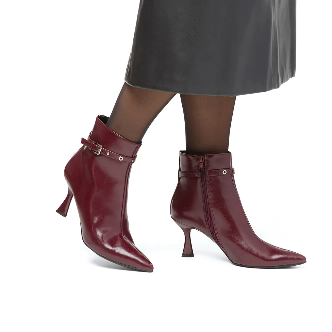 Stivaletti con tacco 7,5 cm da donna bordeaux burgundy con cinturini Lora Ferres