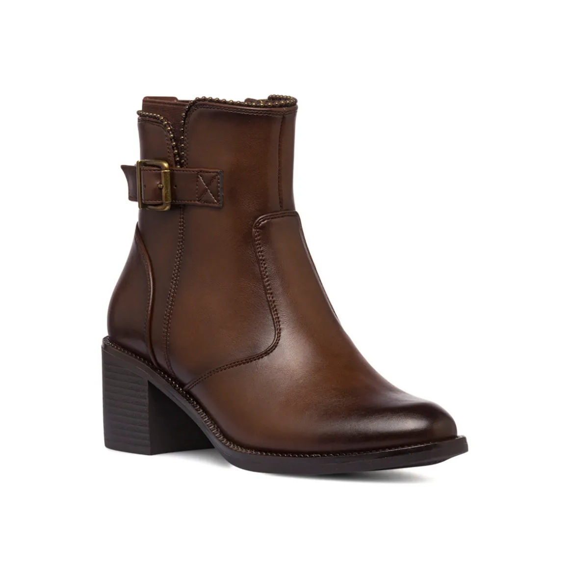 Stivaletti con tacco 6 cm marroni da donna con fibbia e borchie Lora Ferres