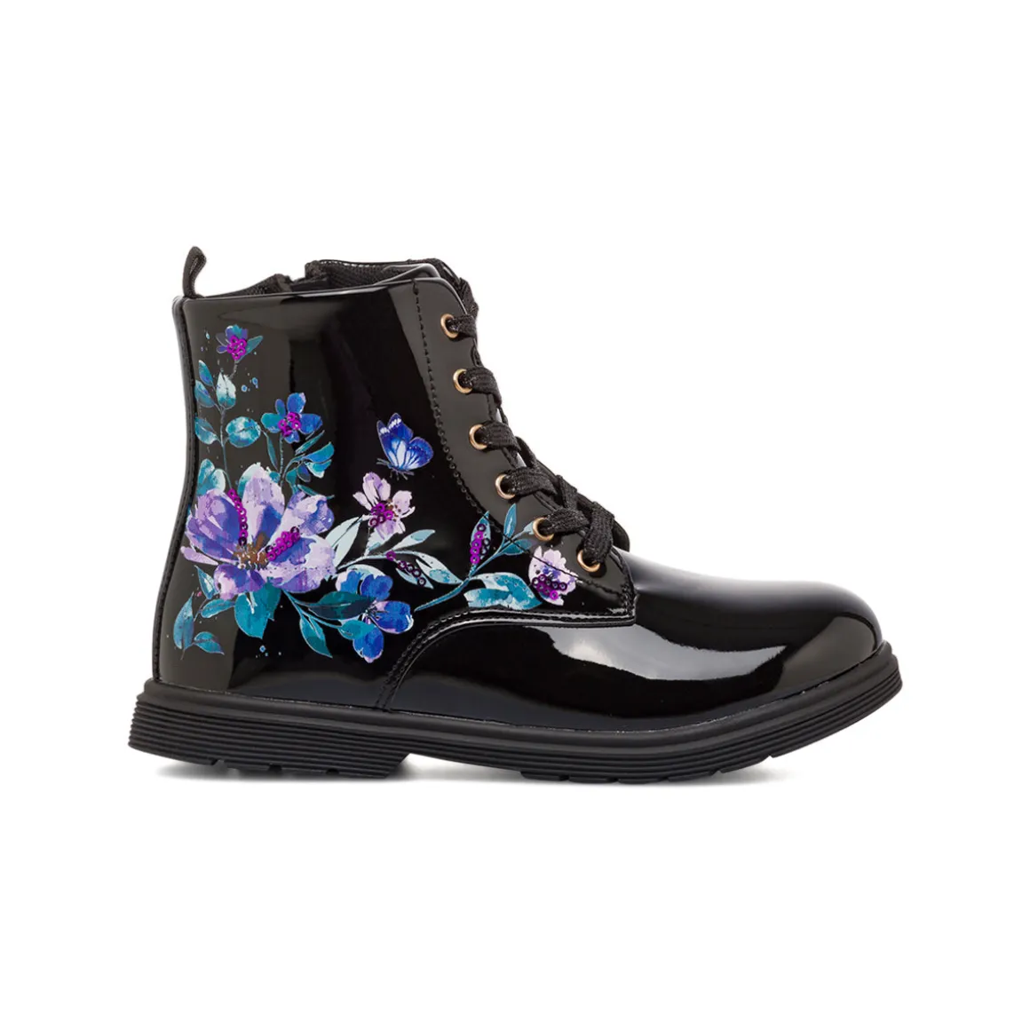 Stivaletti da ragazza neri effetto vernice con stampa fiori Le Scarpe di Alice