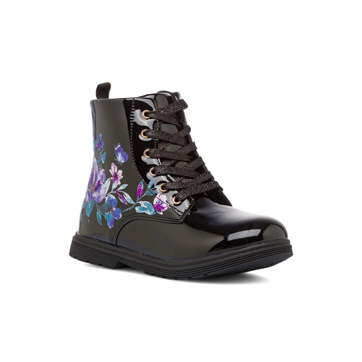 Stivaletti da ragazza neri effetto vernice con stampa fiori Le Scarpe di Alice