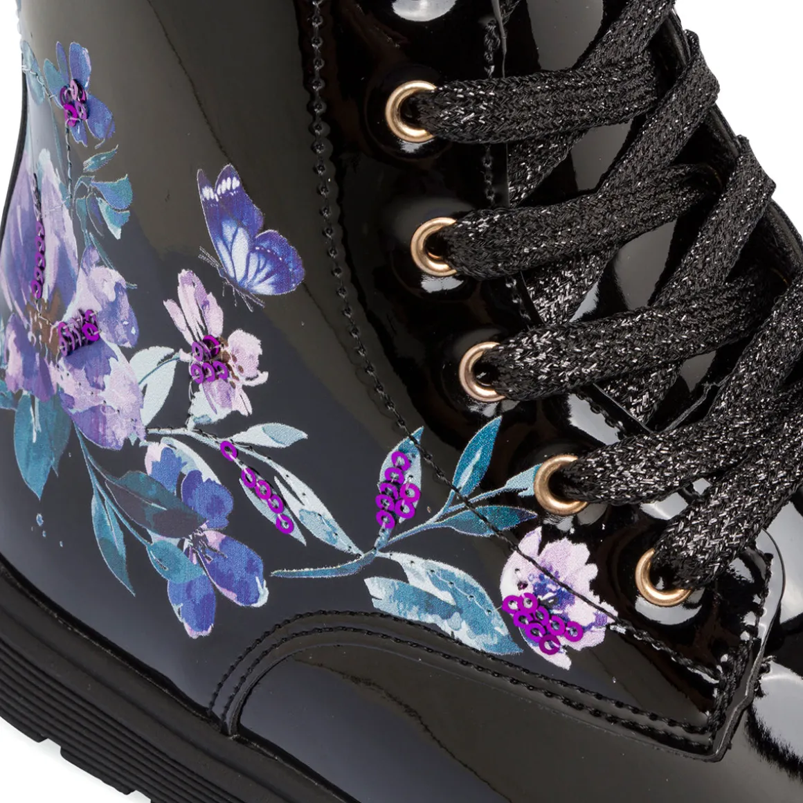 Stivaletti da ragazza neri effetto vernice con stampa fiori Le Scarpe di Alice