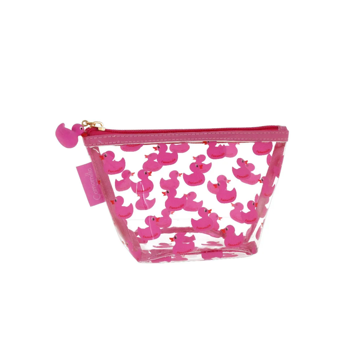 Trousse trasparente con anatroccoli rosa da Donna Camomilla Milano