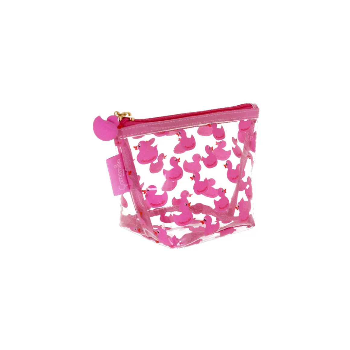 Trousse trasparente con anatroccoli rosa da Donna Camomilla Milano