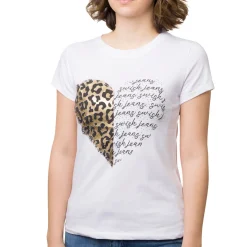 T-shirt bianca da donna in cotone con stampa oro e nera strass Swish Jeans