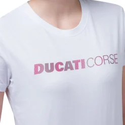 T-shirt bianca da donna in cotone con logo rosa Ducati Corse