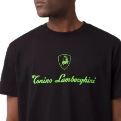 T-shirt da uomo nera in cotone con logo verde fluo Tonino Lamborghini