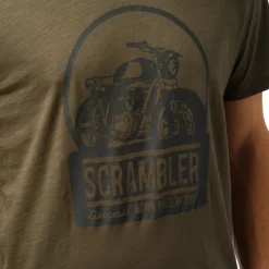 T-shirt da uomo verde militare con stampa nera frontale Ducati Scrambler