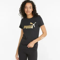 T-shirt nera da donna con logo oro Puma Essentials +