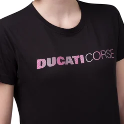 T-shirt nera da donna in cotone con logo rosa Ducati Corse