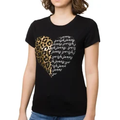 T-shirt nera da donna in cotone con stampa oro e nera strass Swish Jeans
